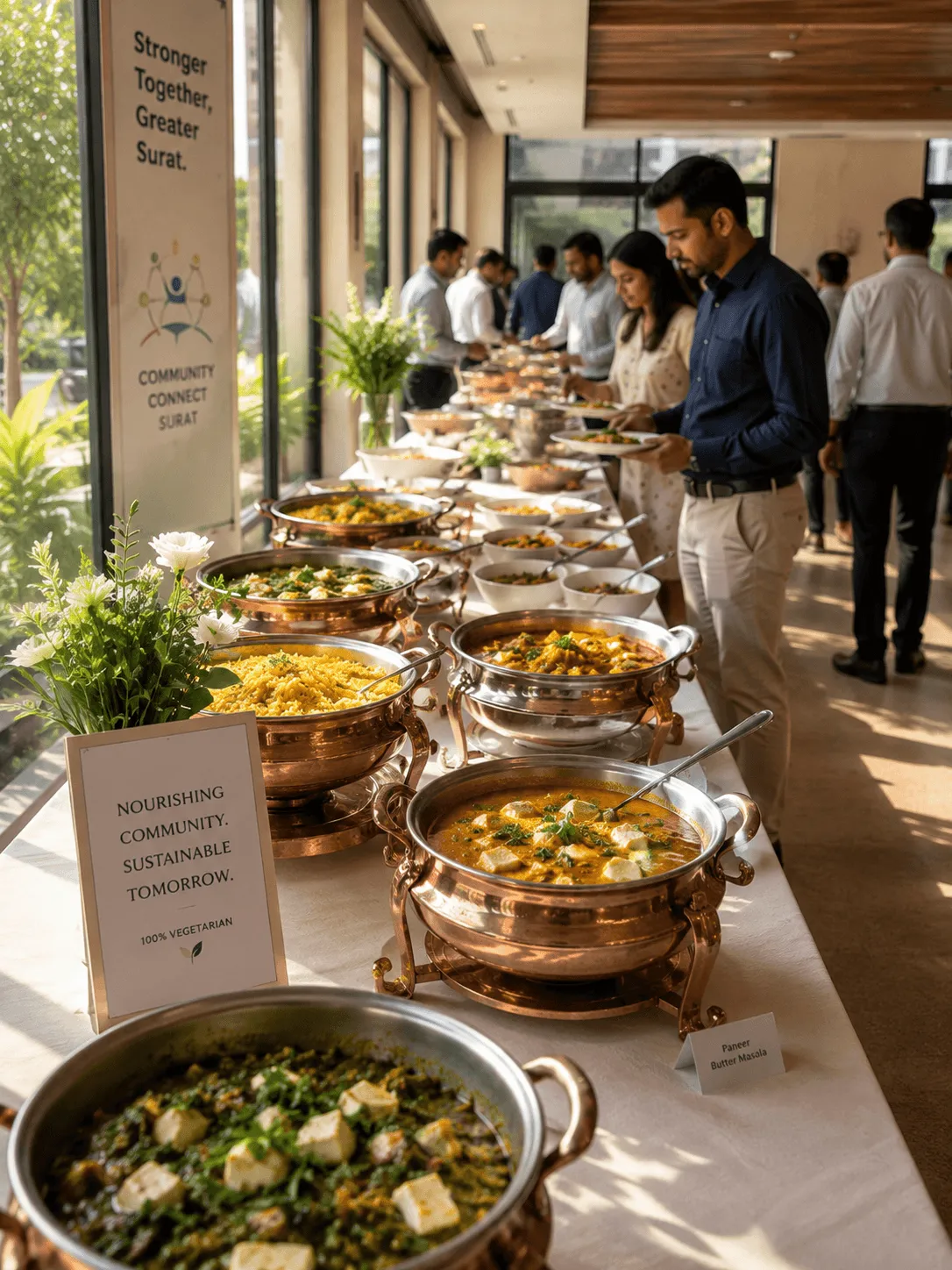 Elegant vegetarian buffet at a modern community dining hall in Surat