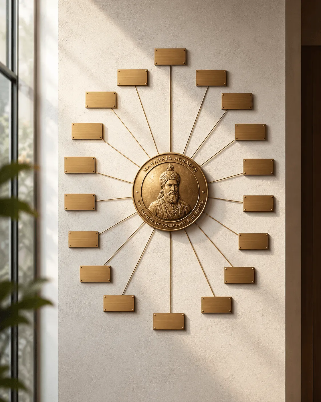 Brass seal of Maharaja Agrasen with radiating brass lines on a textured wall