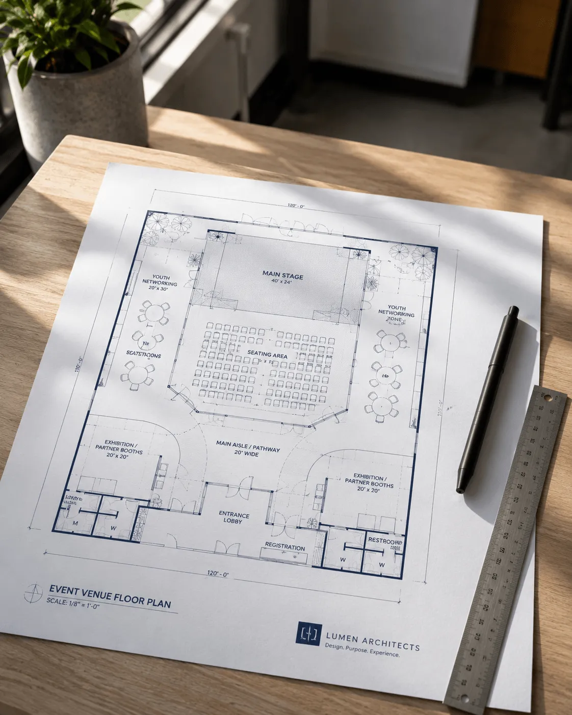 Architectural blueprint of a modern event venue on an architect's desk
