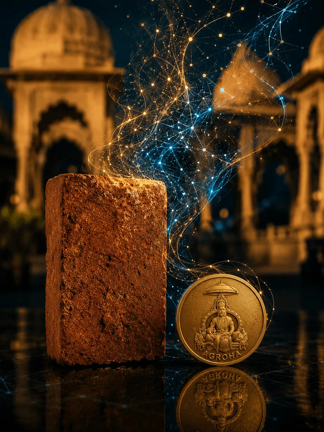 Red clay brick and gold coin with glowing digital network
